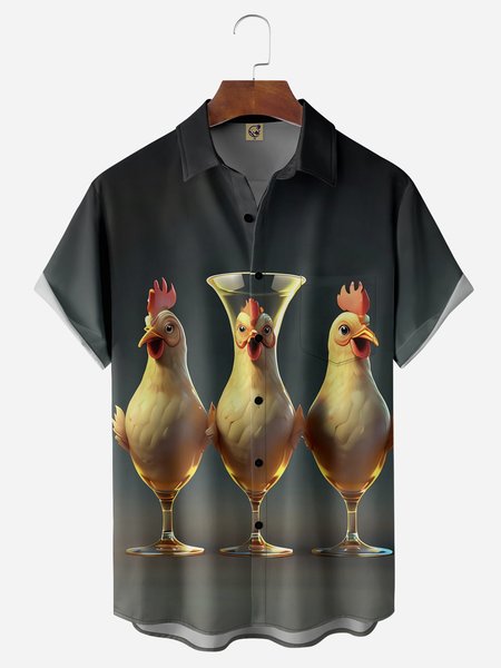 

Three Cups Chicken Chest Pocket Short Sleeves Casual Shirt, Grey-blue, Men Shirts
