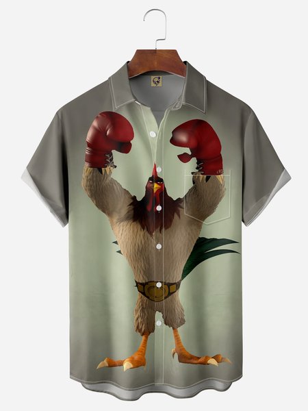 

Boxing Rooster Chest Pocket Short Sleeves Casual Shirts, Gray, Men Shirts