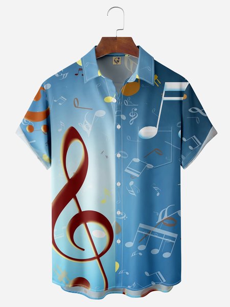 

Music Notes Chest Pocket Short Sleeve Casual Shirt, Blue, Men Shirts