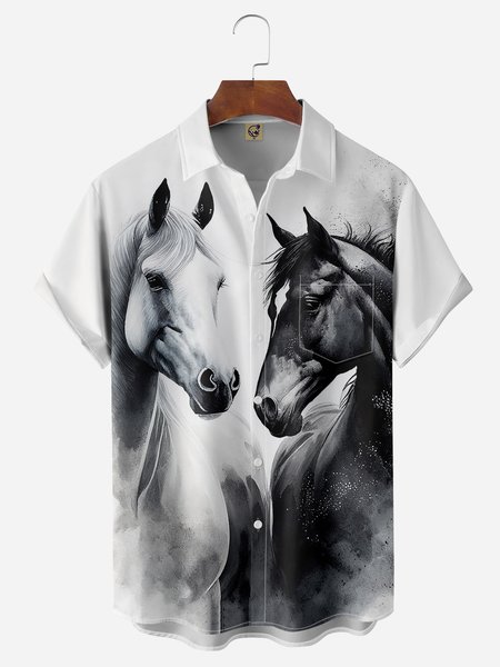 

Horse Chest Pocket Short Sleeve Casual Shirt, White, Men Shirts