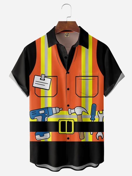 

Construction Worker Safety Vest Chest Pocket Short Sleeve Casual Shirt, Black, Men Shirts