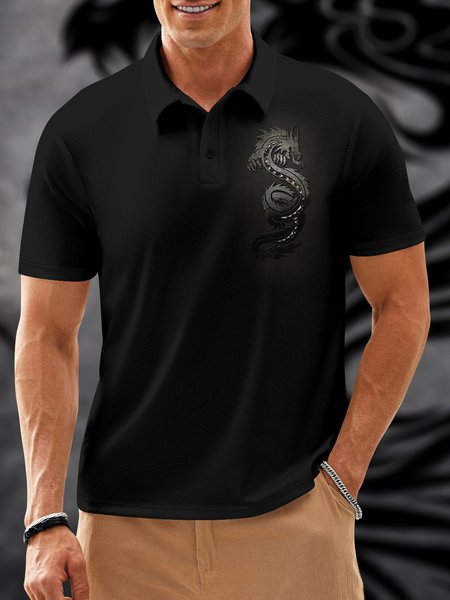 

Japanese Dragon Button Short Sleeve Polo Shirt, Black, Polo Shirts