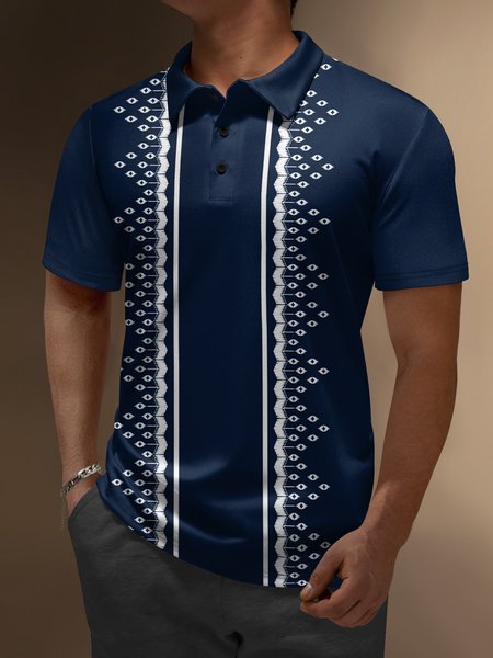 

Geometric Button Short Sleeve Bowling Polo Shirt, Purplish blue, Polo Shirts