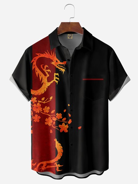

Dragon Chest Pocket Short Sleeve Bowling Shirt, Black, Men Shirts