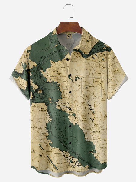 

San Francisco Map Chest Pocket Short Sleeve Casual Shirt, Green, Men Shirts