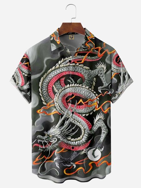 

Ukiyoe Dragon Chest Pocket Short Sleeve Hawaiian Shirt, Black, Men Shirts