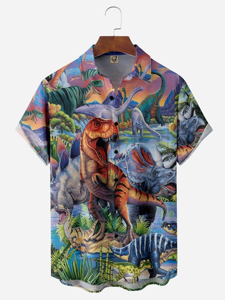 

Dinosaur Chest Pocket Short Sleeve Hawaiian Shirt, Blue, Men Shirts
