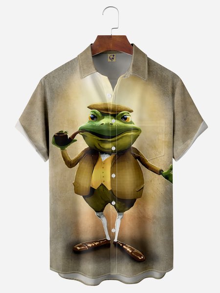 

Frog Chest Pocket Short Sleeves Casual Shirt, Khaki, Men Shirts
