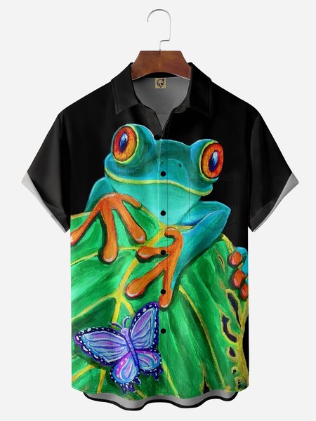 

Frog Chest Pocket Short Sleeve Casual Shirt, Green, Men Shirts