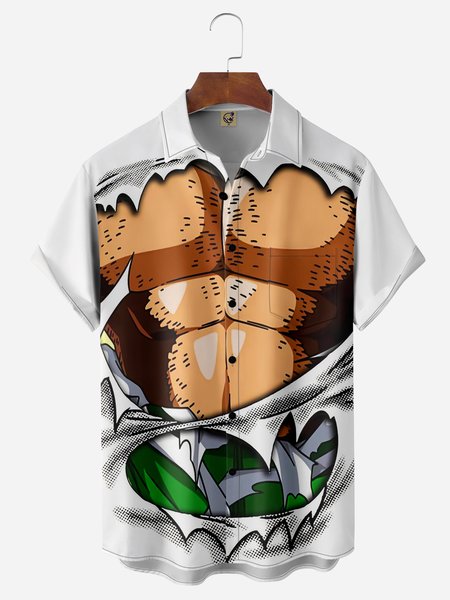 

Creative and Fun Chest Pocket Short Sleeve Casual Shirt, White, Men Shirts