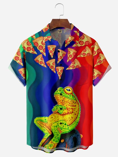 

Pizza Frog Chest Pocket Short Sleeve Casual Shirt, Blue, Men Shirts