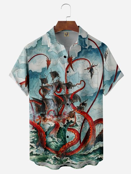 

Japanese Octopus Chest Pocket Short Sleeve Hawaiian Shirt, Blue, Men Shirts