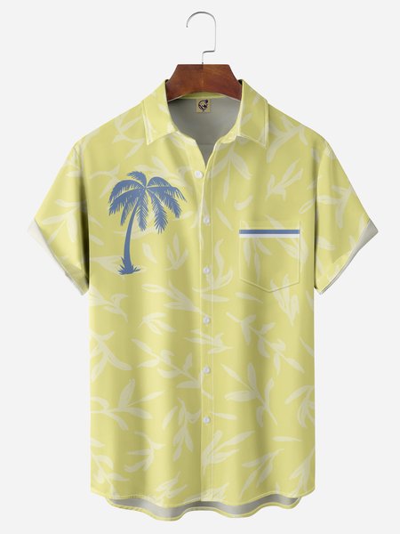 

Coconut Tree Chest Pocket Short Sleeve Hawaiian Shirt, Yellow, Men Shirts