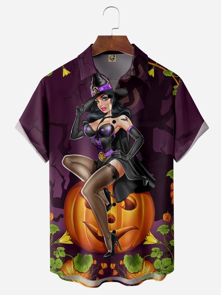 

Halloween Witch Chest Pocket Short Sleeve Casual Shirt, Purple, Men Shirts