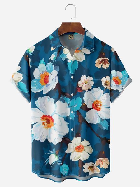 

Floral Chest Pocket Short Sleeve Hawaiian Shirt, Blue, Men Shirts