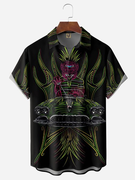 

Tiki Retro Car Pinstripe Chest Pocket Short Sleeve Hawaiian Shirt, Black, Men Shirts