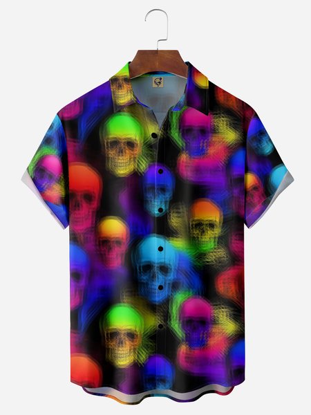 

Skull Chest Pocket Short Sleeves Casual Shirts, Black, Men Shirts