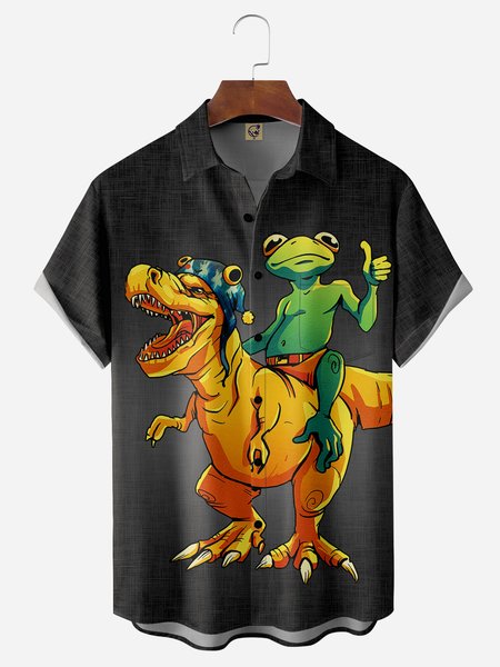 

Dinosaur Frog Chest Pocket Short Sleeve Casual Shirt, Black, Men Shirts