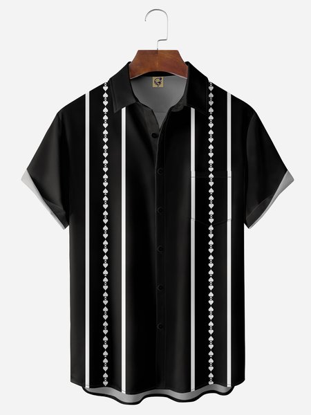 

Poker Symbols Chest Pocket Short Sleeve Bowling Shirt, Black, Men Shirts