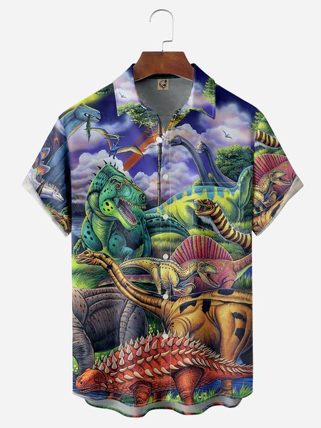 

Dinosaur Chest Pocket Short Sleeve Hawaiian Shirt, Blue, Men Shirts