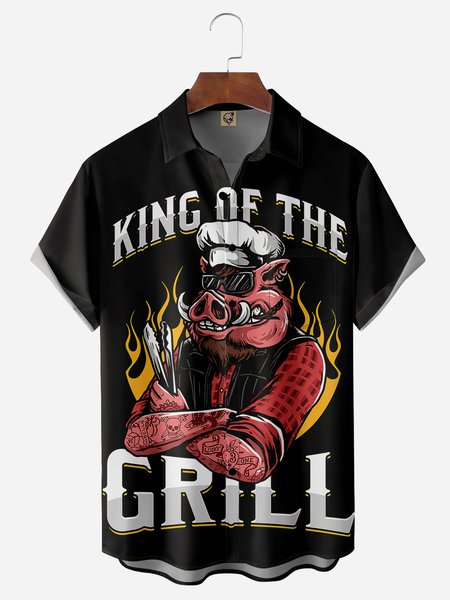 

Grill Pig Chest Pocket Short Sleeve Casual Shirt, Black, Men Shirts