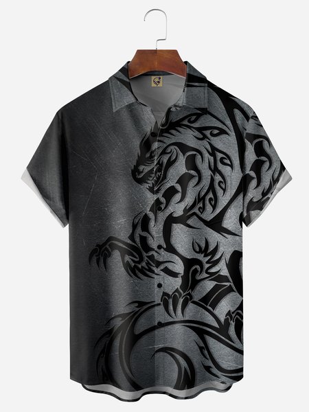 

Dragon Chest Pocket Short Sleeves Casual Shirt, Black-grey, Men Shirts