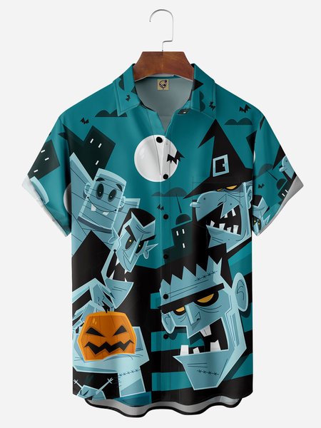 

Halloween Chest Pocket Short Sleeve Casual Shirt, Blue, Men Shirts