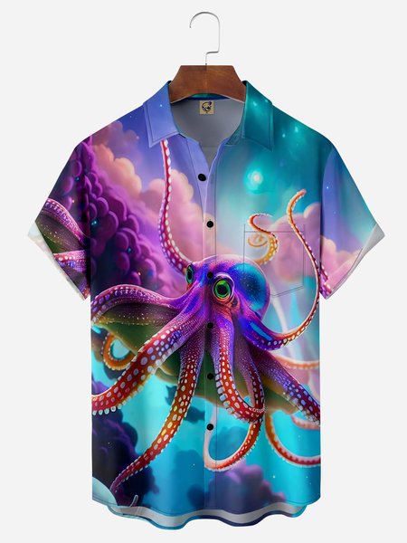 

Octopus Chest Pocket Short Sleeve Hawaiian Shirt, Blue, Men Shirts