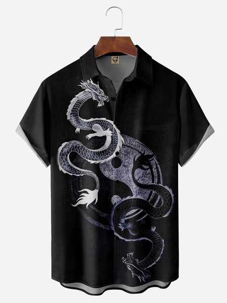 

Animal Dragon Chest Pocket Short Sleeves Casual Shirt, Black, Men Shirts