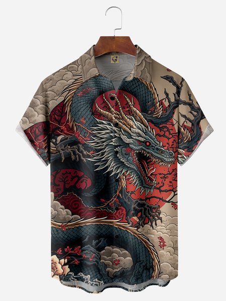 

Dragon Chest Pocket Short Sleeve Casual Shirt, Red, Men Shirts