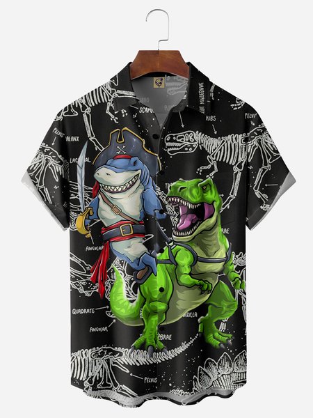 

Pirate T-Rex Halloween Chest Pocket Short Sleeve Casual Shirt, Black, Men Shirts