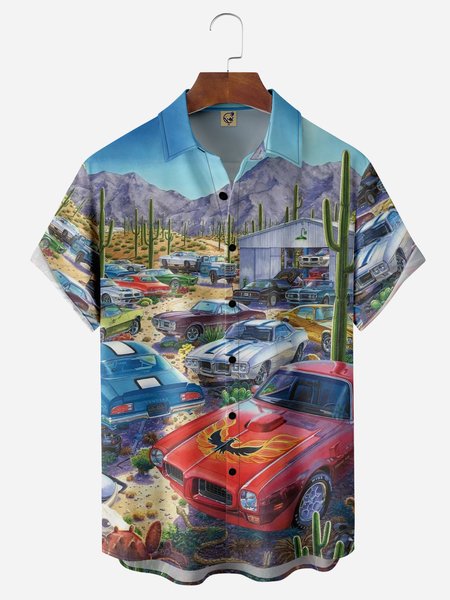 

Vintage Car Chest Pocket Short Sleeve Shirt, Blue, Men Shirts