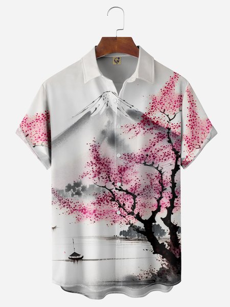 Cherry Blossoms Chest Pocket Short Sleeve Shirt, White, Men Shirts