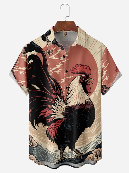 

Ukiyo-e Chicken Chest Pocket Short Sleeve Shirt, Brown, Men Shirts