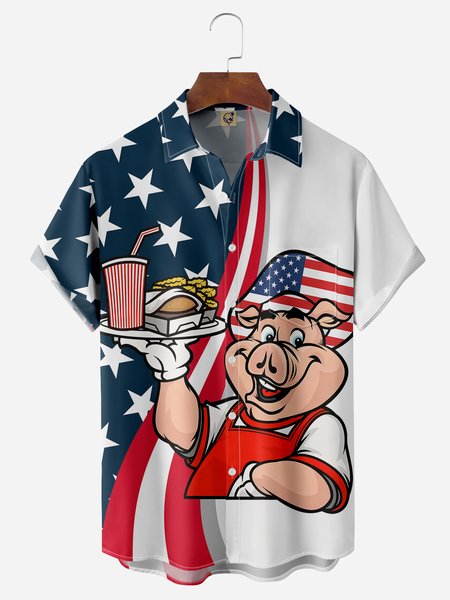 

American Flag Fun Pig Chest Pocket Short Sleeve Hawaiian Shirt, Blue, Men Shirts