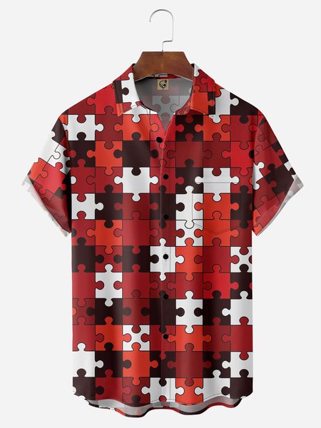 

Puzzle Chest Pocket Short Sleeve Shirt, Red, Men Shirts