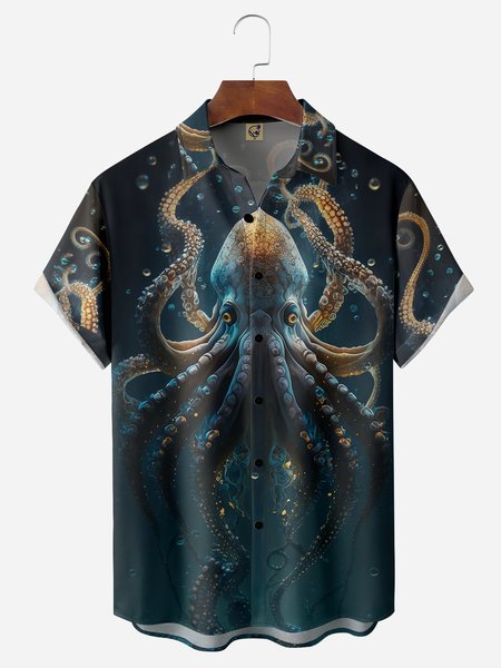 

Ocean Octopus Chest Pocket Short Sleeve Hawaiian Shirt, Purplish blue, Men Shirts