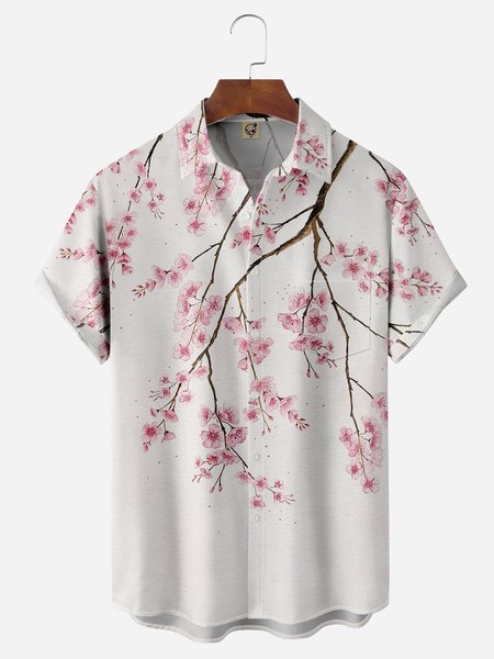 

Cherry Blossoms Chest Pocket Short Sleeve Hawaiian Shirt, Off white, Men Shirts