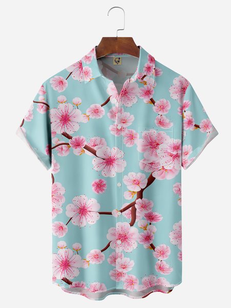 

Cherry Blossoms Chest Pocket Short Sleeve Hawaiian Shirt, Blue, Men Shirts