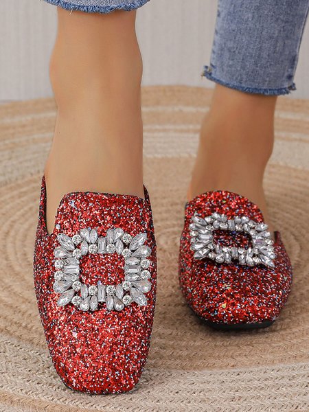 

Rhinestone Buckle Decor Square Toe Glittle Mules, Red, Flats