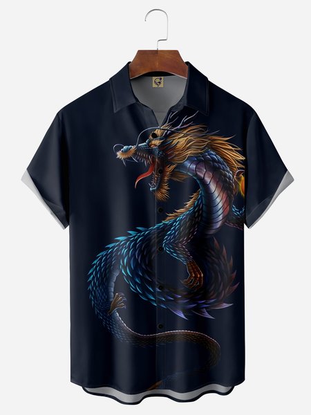 

Dragon Chest Pocket Short Sleeve Casual Shirt, Purplish blue, Men Shirts