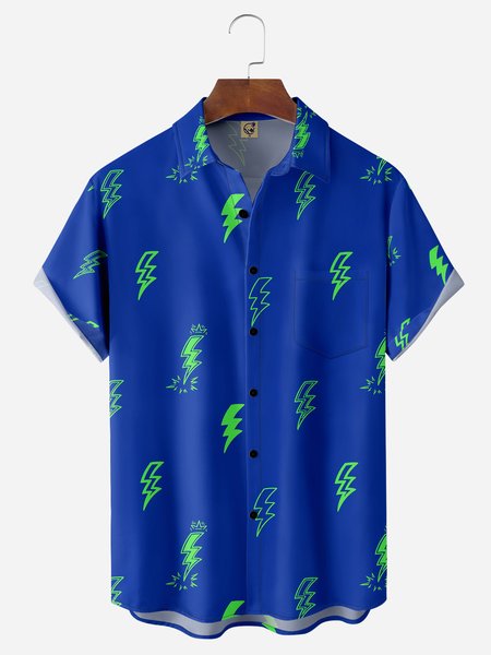 

Thunder Lighting Chest Pocket Short Sleeve Casual Shirt, Blue, Men Shirts