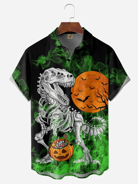 

Halloween Dinosaur Chest Pocket Short Sleeve Casual Shirt, Green, Men Shirts