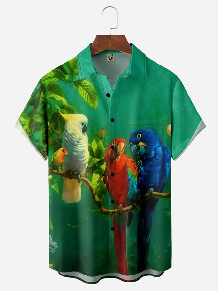 

Parrots Chest Pocket Short Sleeve Hawaiian Shirt, Green, Men Shirts