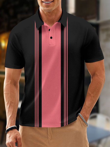 

Striped Button Short Sleeve Bowling Polo Shirt, Black, Polo Shirts