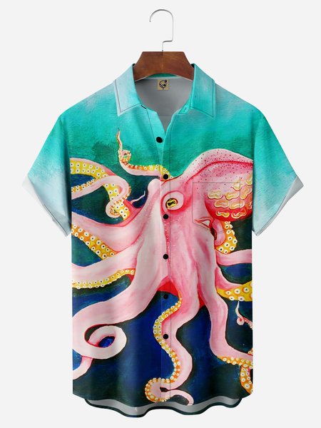 

Octopus Chest Pocket Short Sleeve Hawaiian Shirt, Cyan, Men Shirts