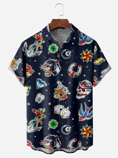 

Tattoo Pattern Chest Pocket Short Sleeve Hawaiian Shirt, Blue, Men Shirts