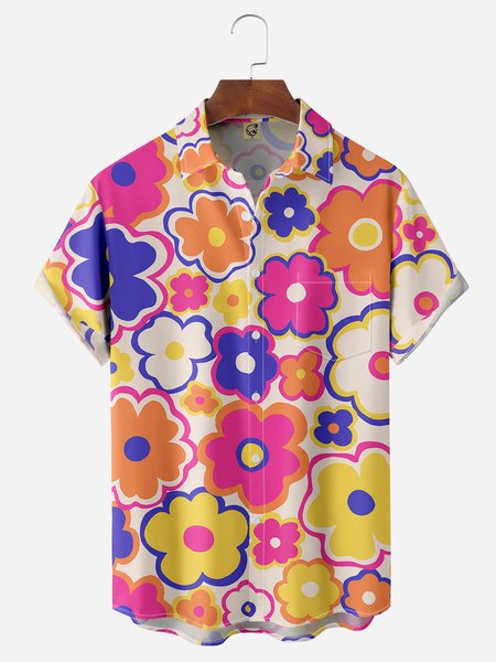 

Floral Chest Pocket Short Sleeve Hawaiian Shirt, Red, Men Shirts