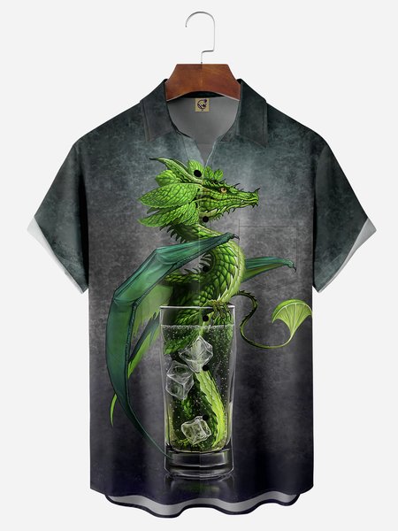 

Mojito Dragon Chest Pocket Short Sleeve Hawaiian Shirt, Gray, Men Shirts