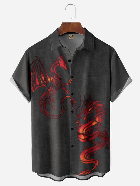 

Japanese Dragon Pattern Chest Pocket Short Sleeve Casual Shirt, Gray, Men Shirts
